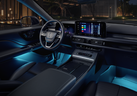 Deep blue ambient lighting glows from various places within a 2025 Lincoln Aviator® SUV. | Gates Lincoln in Richmond KY